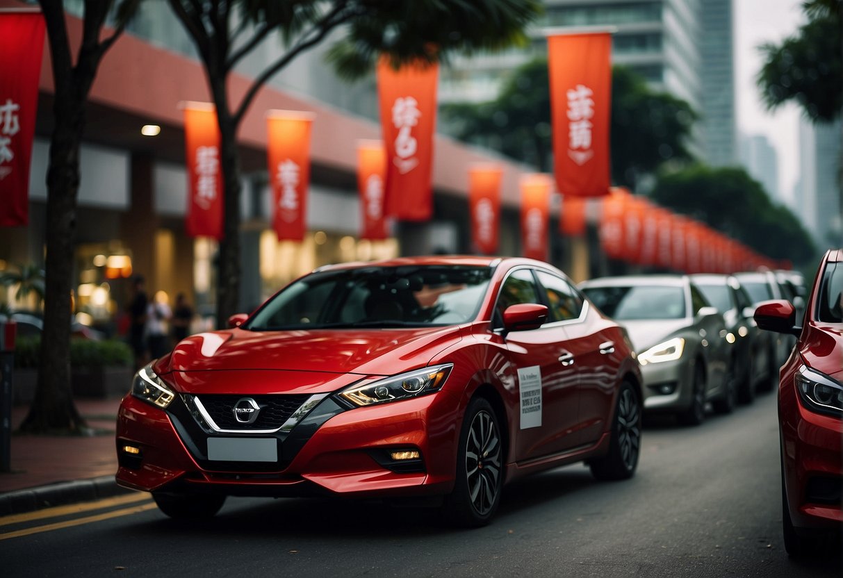 A red Nissan car surrounded by promotional banners and signs in a busy Singapore street