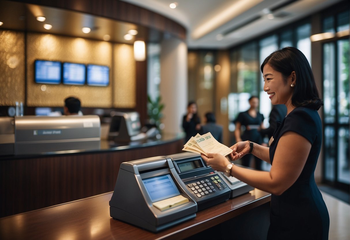 A bank teller presents a gleaming time deposit offer to a customer in a luxurious priority banking setting in Singapore