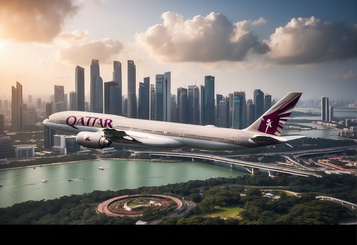 A Qatar Airways plane flying over the iconic skyline of Singapore, with promotional banners and flags visible from the aircraft windows