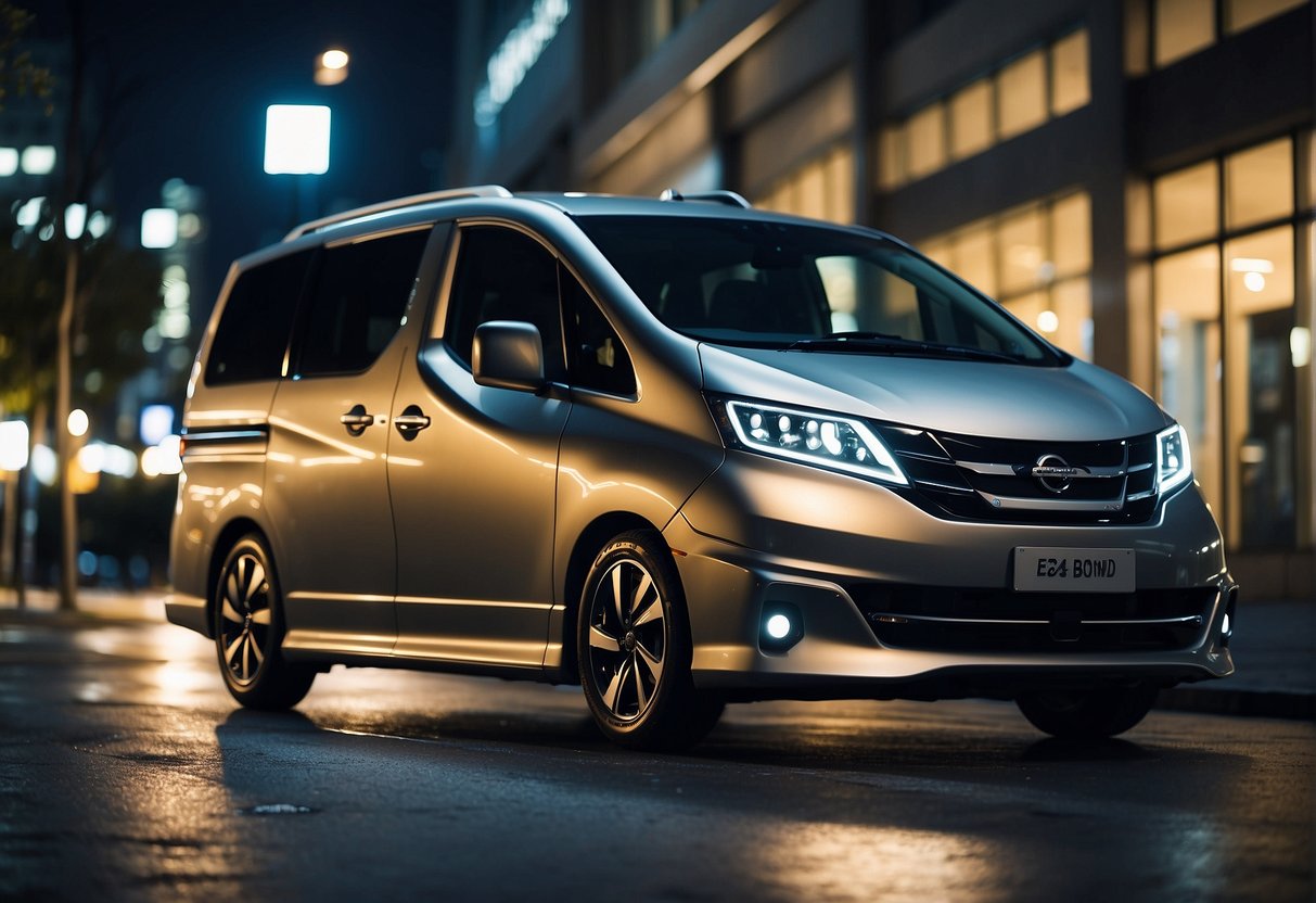 A sleek, futuristic Nissan Serena E-Power 2024 parked in a modern urban setting with vibrant city lights in the background