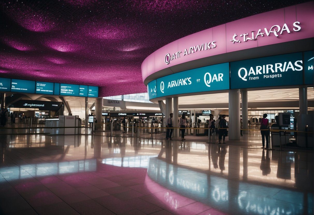 A vibrant airport terminal with Qatar Airways signage, bustling with travelers and staff, showcasing 2024 promotions to Singapore