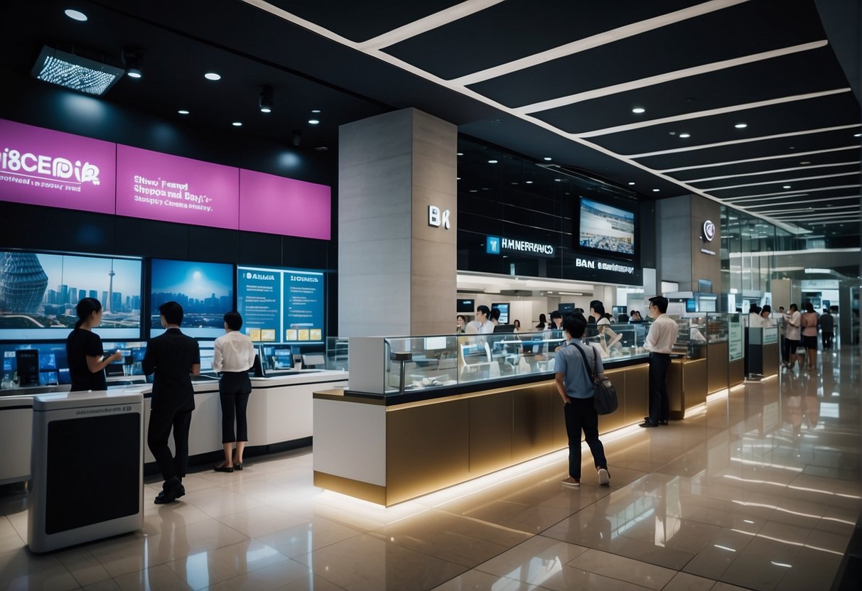 A bustling bank branch with promotional displays and customers in Singapore