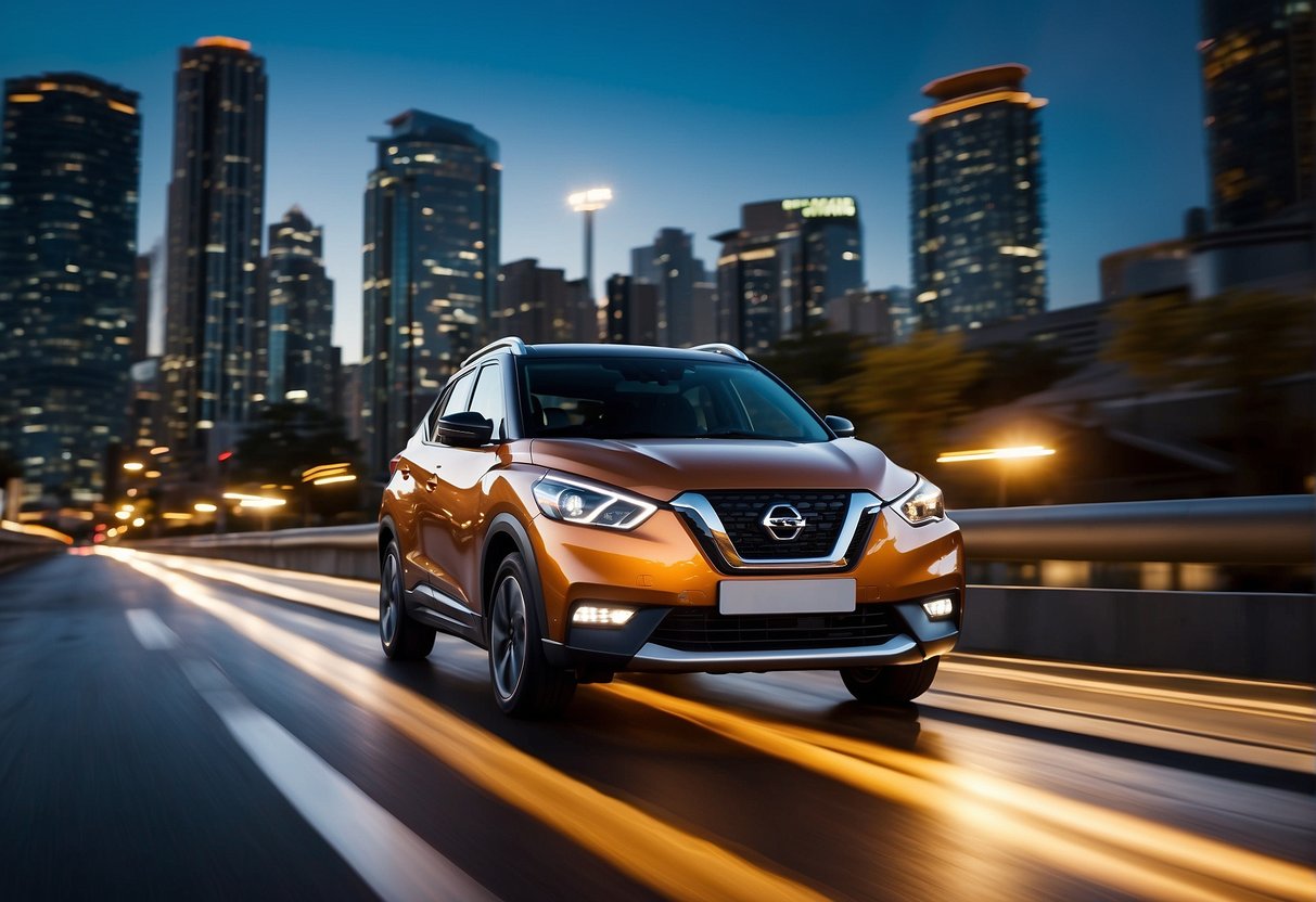 The Nissan Kicks E-Power zooms through a vibrant cityscape, with sleek lines and futuristic design. The car is surrounded by a buzzing energy, with bright lights and modern architecture in the background