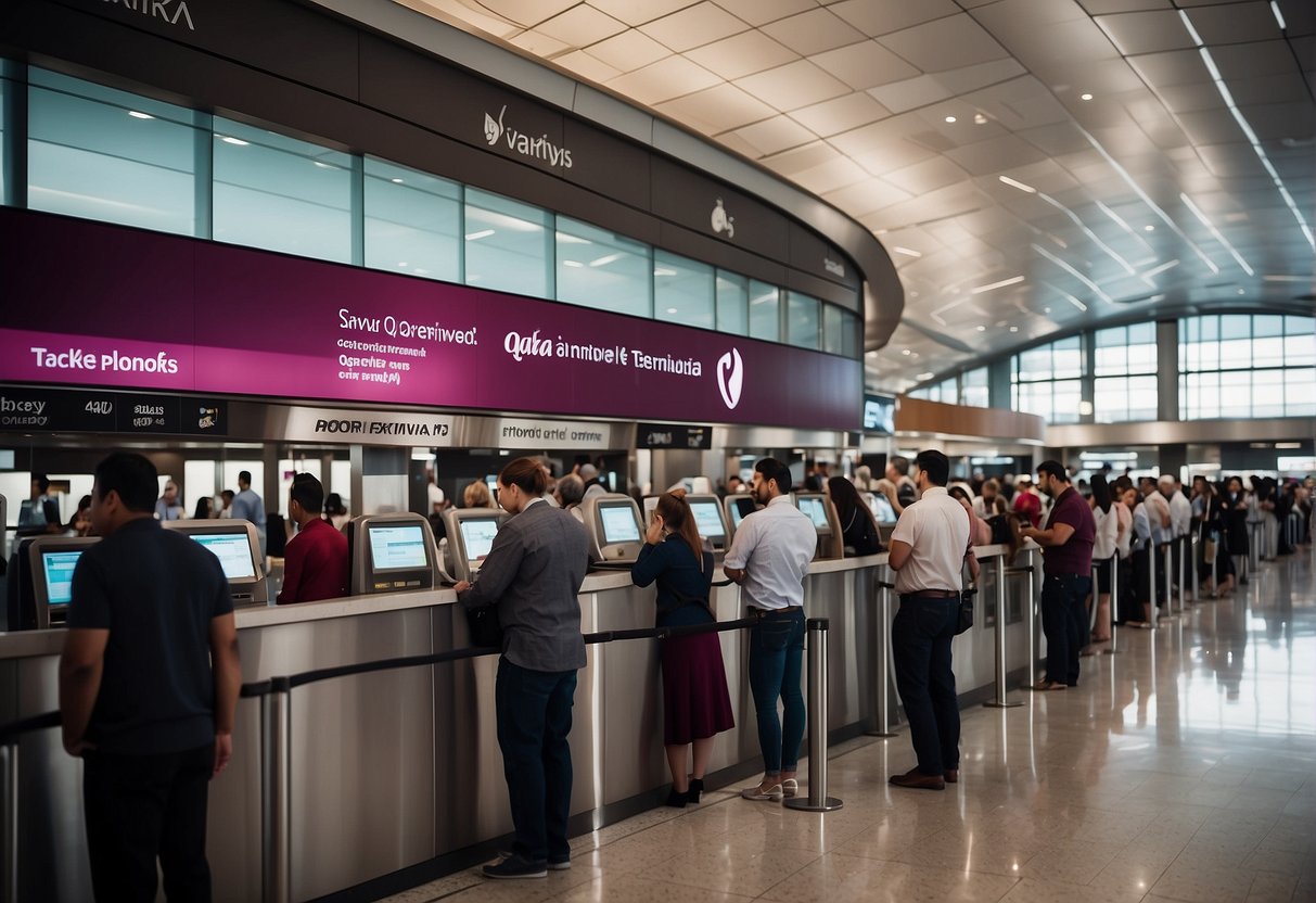 A crowded airport terminal with a prominent Qatar Airways promotion display and a queue of people at the airline's ticket counter