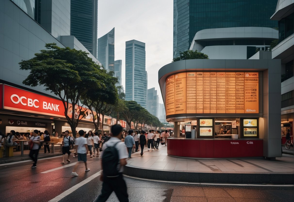 A bustling street in Singapore with prominent OCBC bank promotions displayed on storefronts and billboards