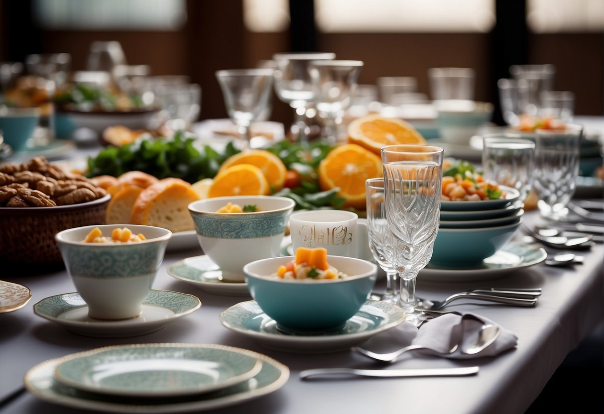 A table set with elegant dinnerware and a variety of delicious dishes, with a prominent OCBC logo displayed in the background