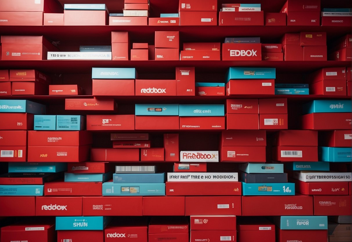 Vibrant red boxes stacked in a clean, modern setting with sleek typography and bold graphics for Redbox Promotions Singapore
