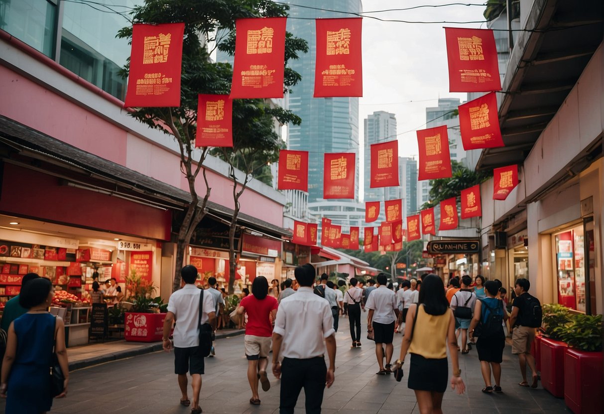 Bright red promotional banners hang above a bustling Singapore street, with excited shoppers browsing and pointing at the various offers