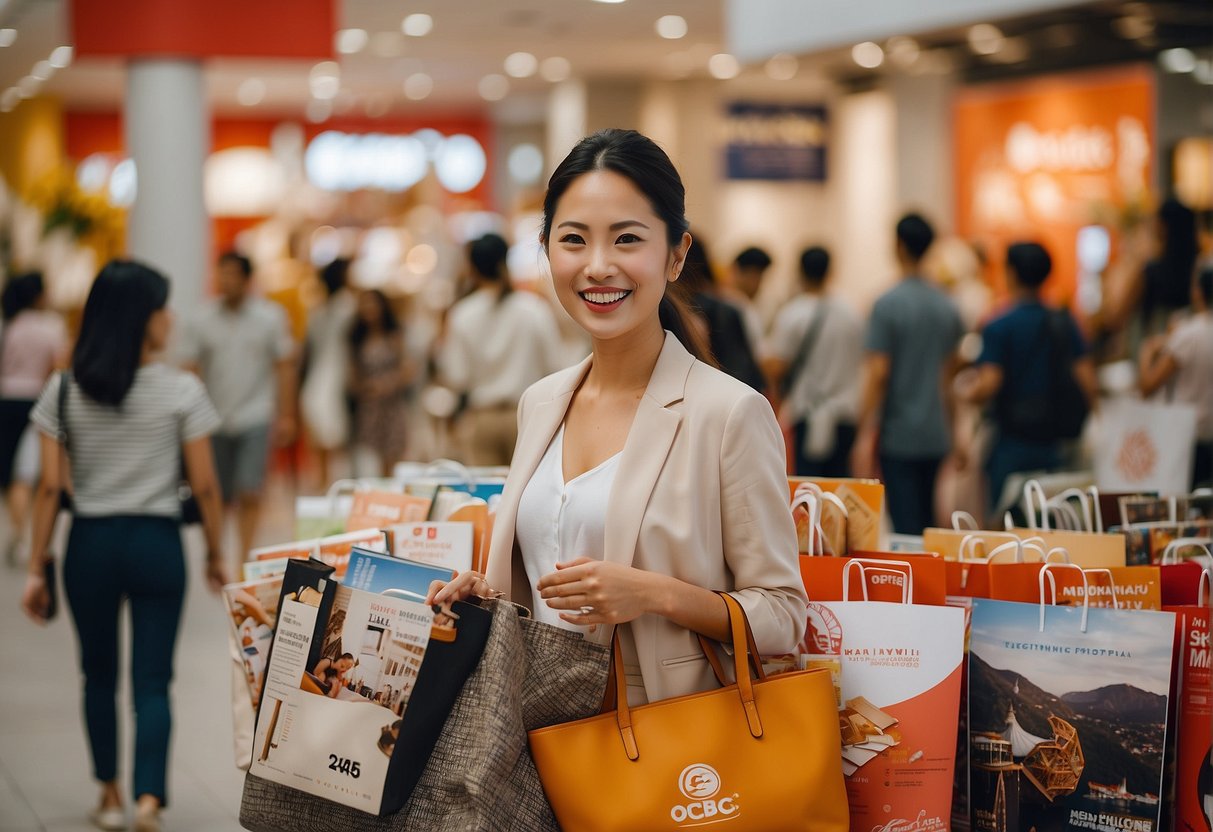 A woman happily shops with bags in hand, surrounded by travel brochures and promotional posters for OCBC offers in Singapore