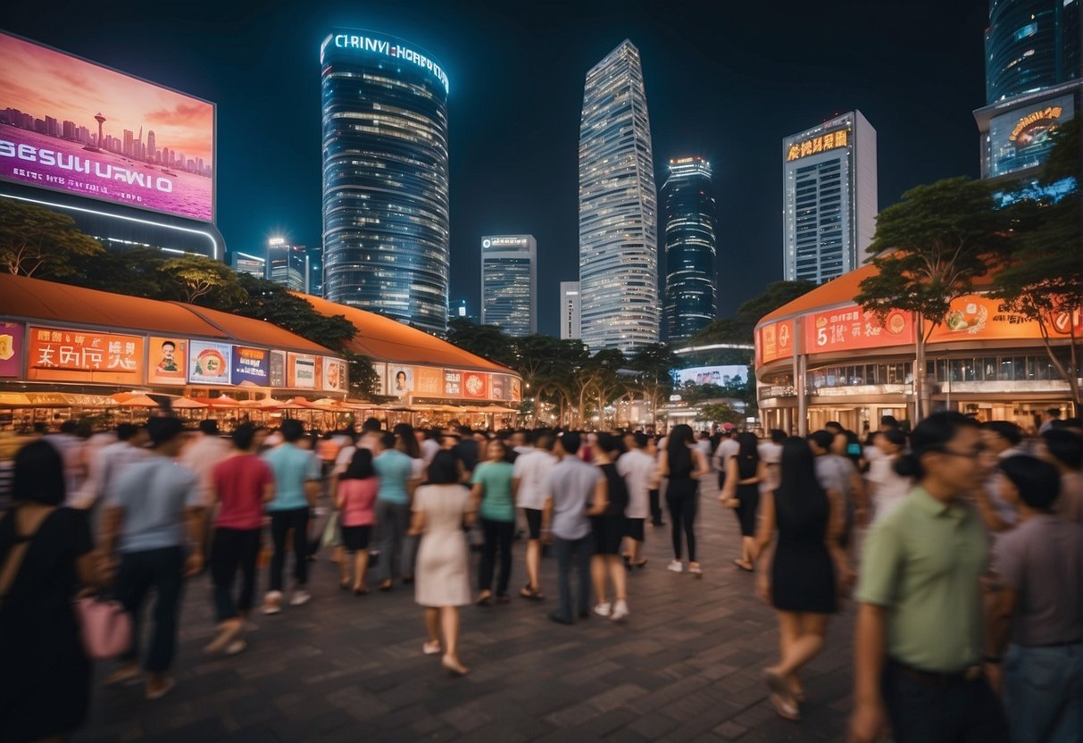 A vibrant cityscape with iconic Singapore landmarks, surrounded by colorful promotional banners and a queue of diverse customers