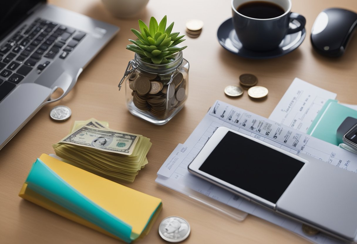 A table with a budget planner, piggy bank, grocery list, and coins. A person turning off lights and unplugging electronics. A bike and reusable bags