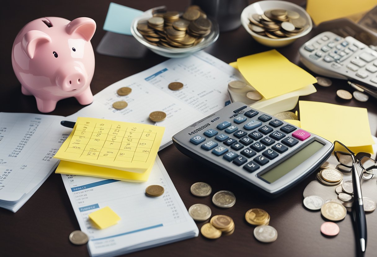 A desk with a budget planner, calculator, and various money-saving tips written on sticky notes. A piggy bank sits nearby, with coins spilling out