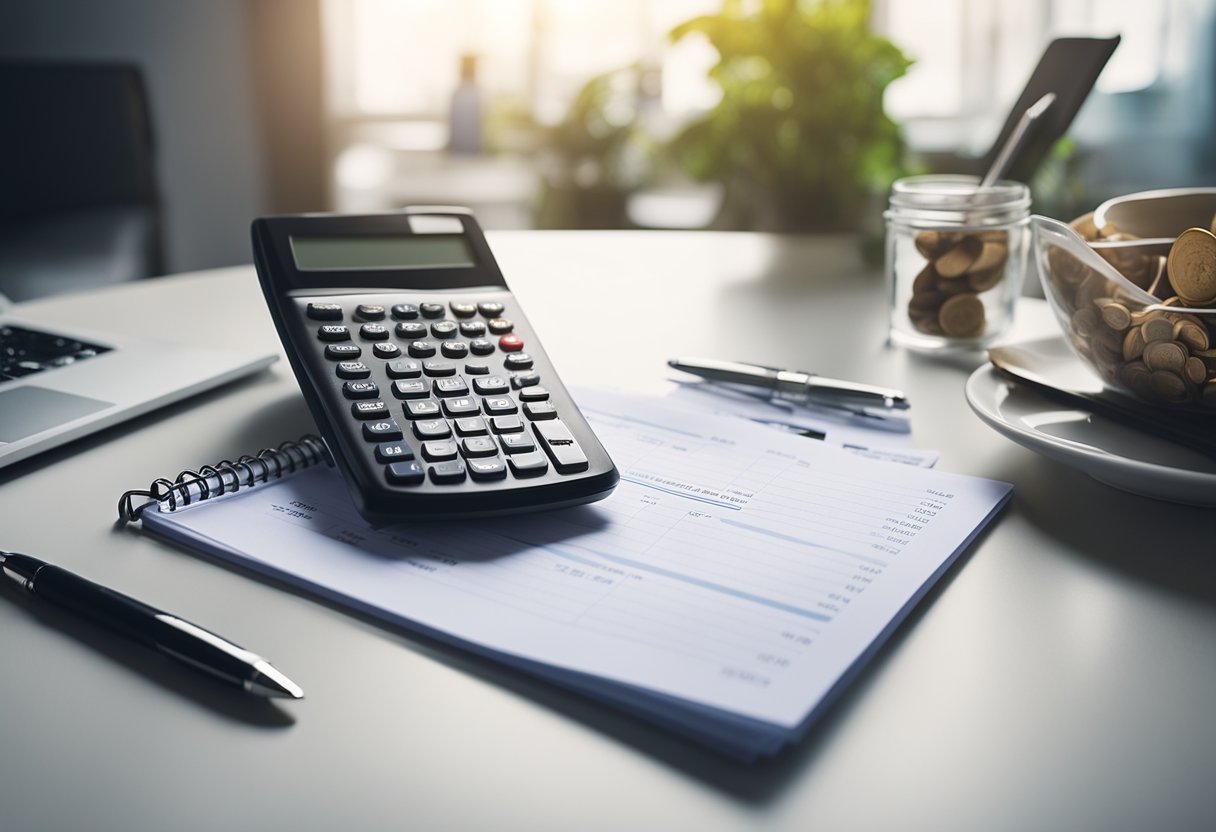 A table with a budget planner, grocery list, and savings jar. A calculator, pen, and notebook lay nearby. The scene is organized and focused on financial management