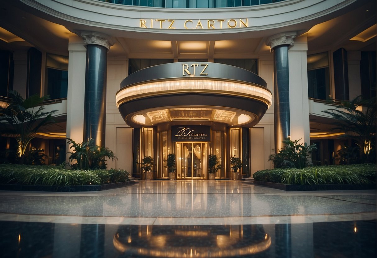 The Ritz Carlton in Singapore is bustling with activity as promotional banners and signs adorn the luxurious hotel entrance, inviting guests to indulge in exclusive offers and experiences