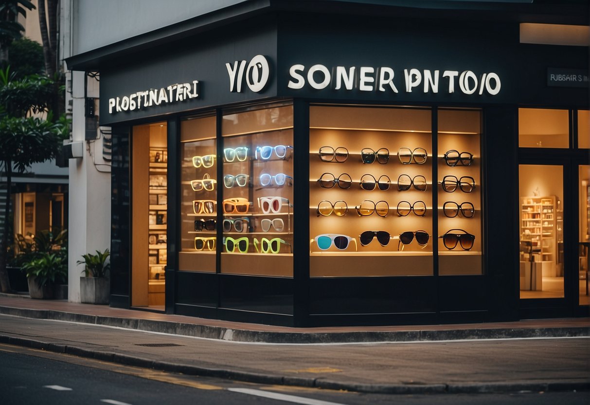 Brightly lit storefront with bold signage, showcasing various eyewear promotions in Singapore