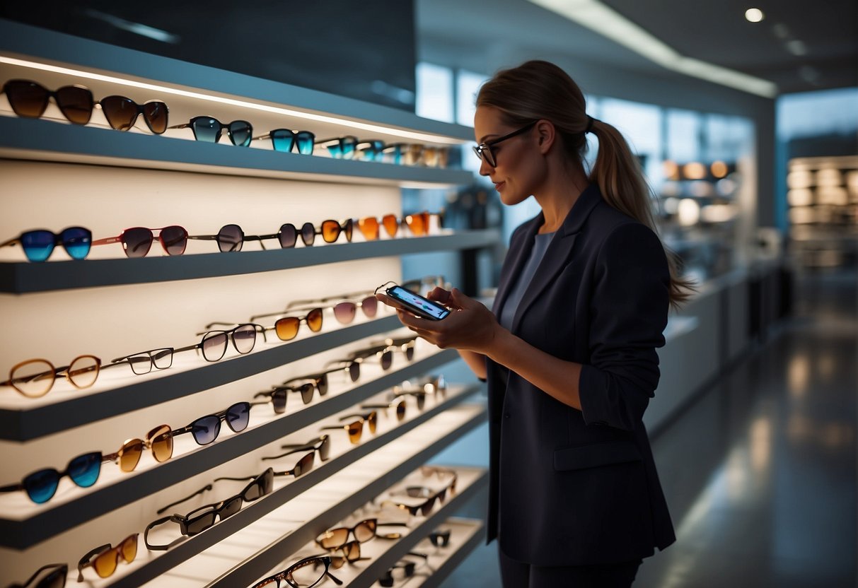 Brightly lit display shelves showcasing various eyewear with promotional signs. Customers browsing through the selection