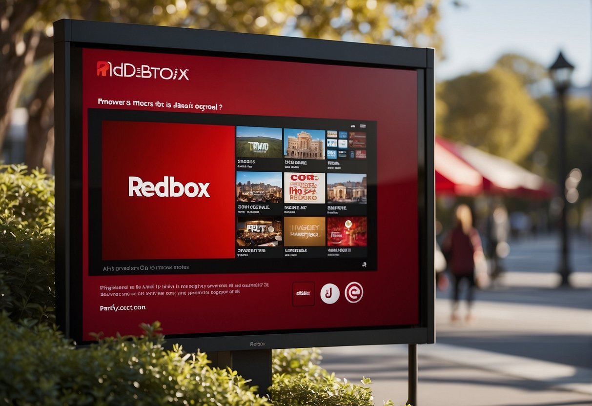 Redbox promotions logo displayed on a digital screen with a list of frequently asked questions underneath