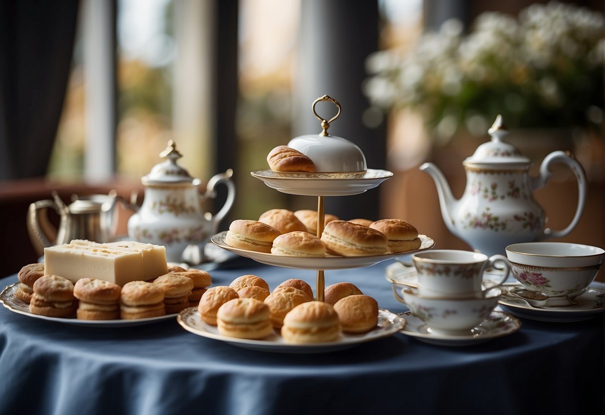 A table set with elegant china, silverware, and a variety of delicate pastries and finger sandwiches. A pot of steaming tea and a selection of fine teas displayed on a tiered stand