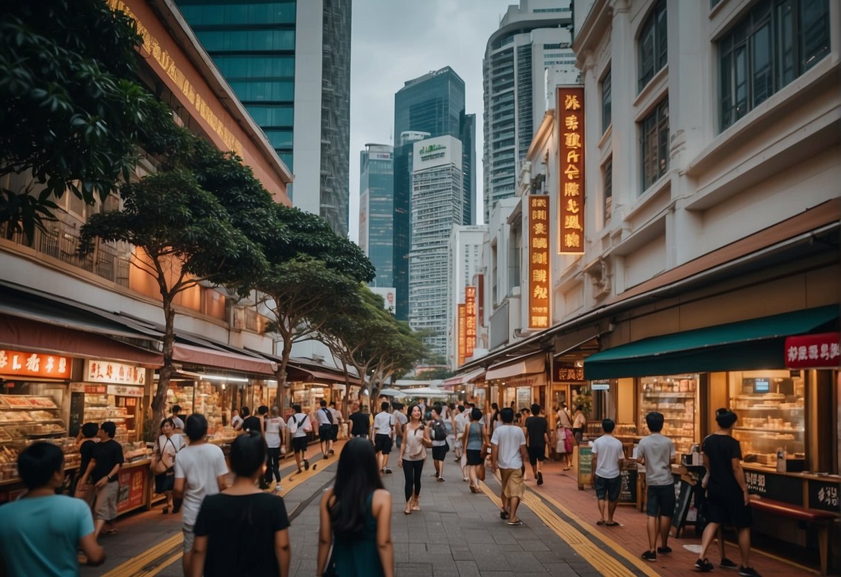 A bustling Singapore street with prominent Eu Yan Sang and Optical 88 storefronts, featuring exclusive deals and promotions