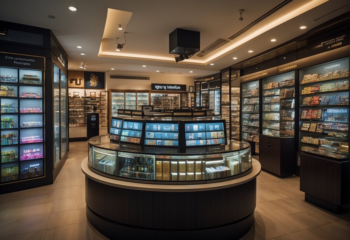 A bustling optical store in Singapore with colorful promotional displays and a sign reading "Frequently Asked Questions" for Optical 88 promotions