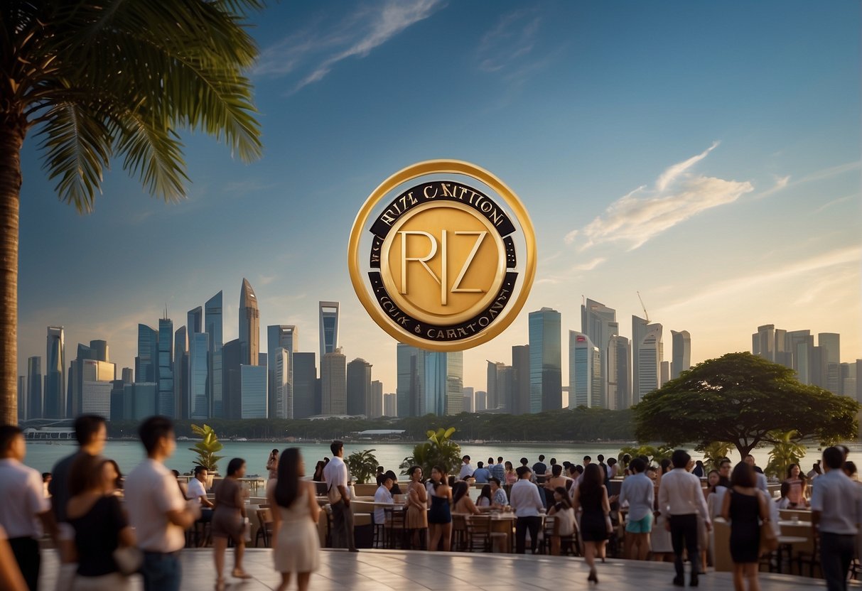 The Ritz Carlton logo displayed prominently with a backdrop of the Singapore skyline and a crowd of people enjoying the hotel's promotions