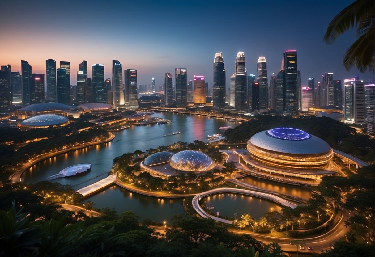 A vibrant cityscape with iconic landmarks and bustling streets, adorned with promotional banners for the Singapore league pass