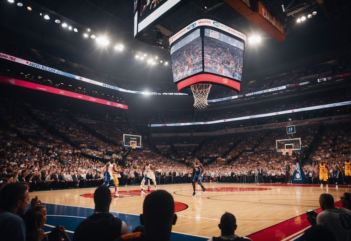 A basketball court with NBA logos and players in action, surrounded by fans and banners