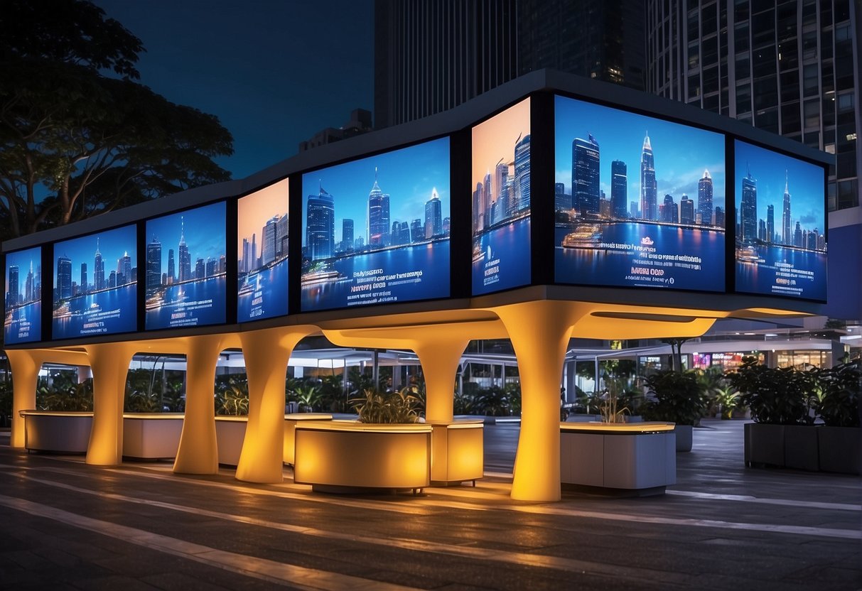 A futuristic cityscape with vibrant digital billboards showcasing Liposonix promotions in Singapore, set in the year 2024