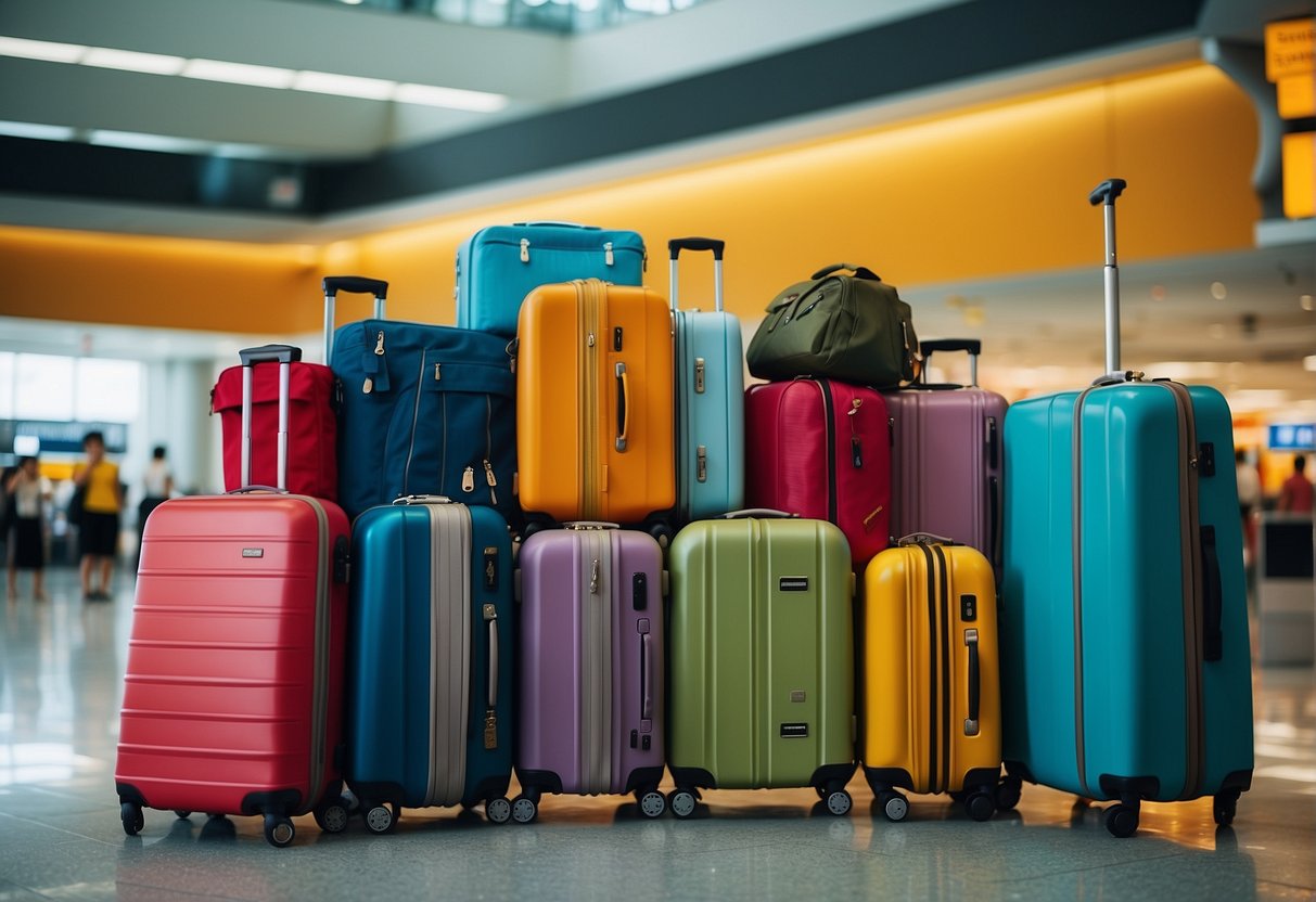 A vibrant airport scene with colorful luggage displays and promotional signs in Singapore