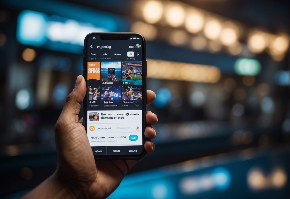 A hand reaches for a smartphone displaying a promotion for a streaming league pass in Singapore, with tech gadgets in the background
