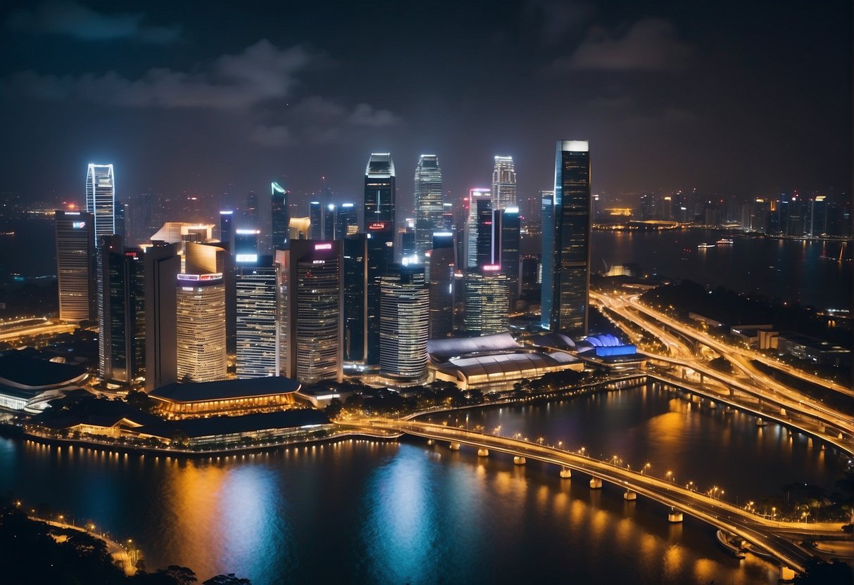 The iconic skyline of Singapore, with its towering skyscrapers and vibrant city lights, creates a majestic scene that captures the energy and excitement of the bustling metropolis