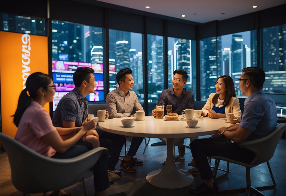 A group of people in Singapore eagerly discussing and promoting the benefits of the league pass in a vibrant and bustling setting