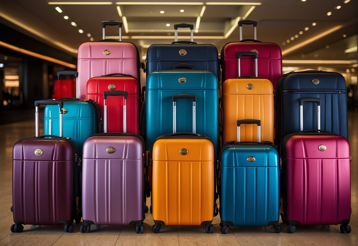A display of vibrant luggage designs with "2024 Travellers" branding. Bright lights and bold signage promote exclusive promotions in a sleek, modern setting