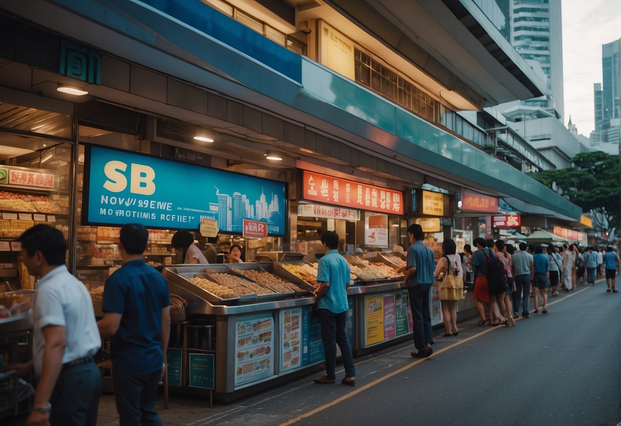 A bustling city street in Singapore, with the iconic SBI promotions sign prominently displayed among the vibrant and colorful storefronts