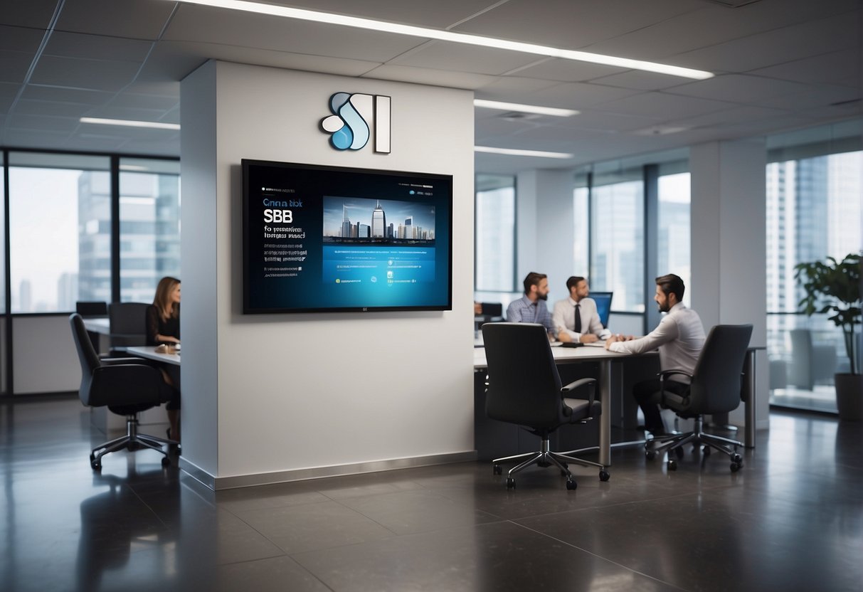 A modern office setting with employees receiving promotions, displayed on a digital screen with the SBI logo