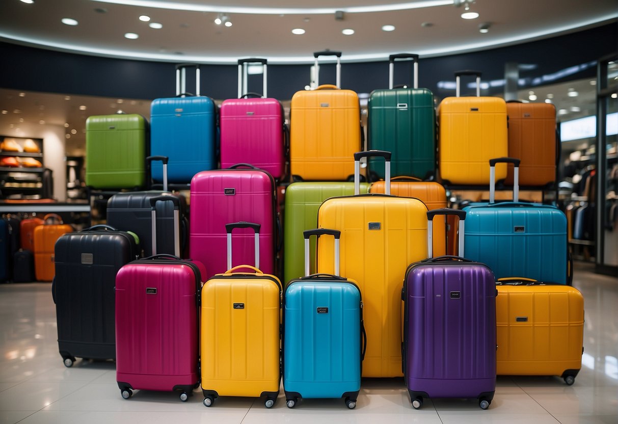 A vibrant display of colorful luggage sets arranged in a modern store, with eye-catching promotional signs and tags highlighting unbeatable deals for travelers