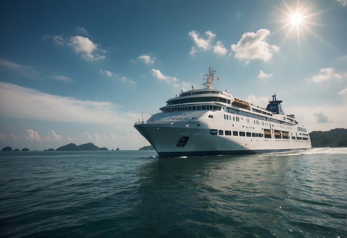 A ferry sails towards Batam, with promotional banners flying majestically in the wind