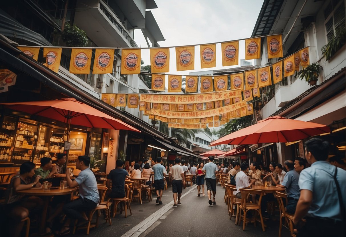 A bustling Singapore street with Paulaner beer banners and promotional materials displayed outside a lively bar or restaurant