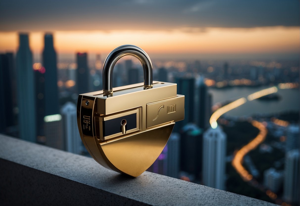 A bank logo prominently displayed with a secure lock symbol, surrounded by the skyline of Singapore