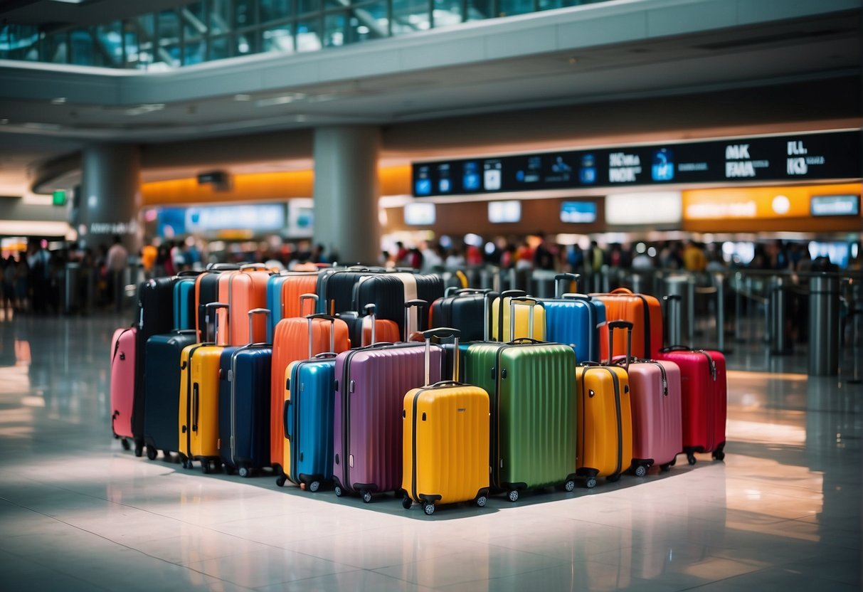 A colorful display of luggage with promotional signs in a bustling Singapore airport