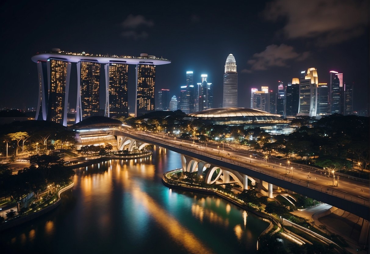 A vibrant cityscape of Singapore's iconic landmarks, bustling streets, and colorful cultural festivals