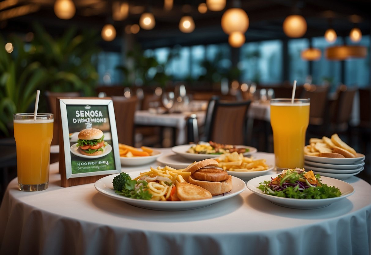 A table set with food and drinks, with a "Sentosa Dining Promotions" sign in the background
