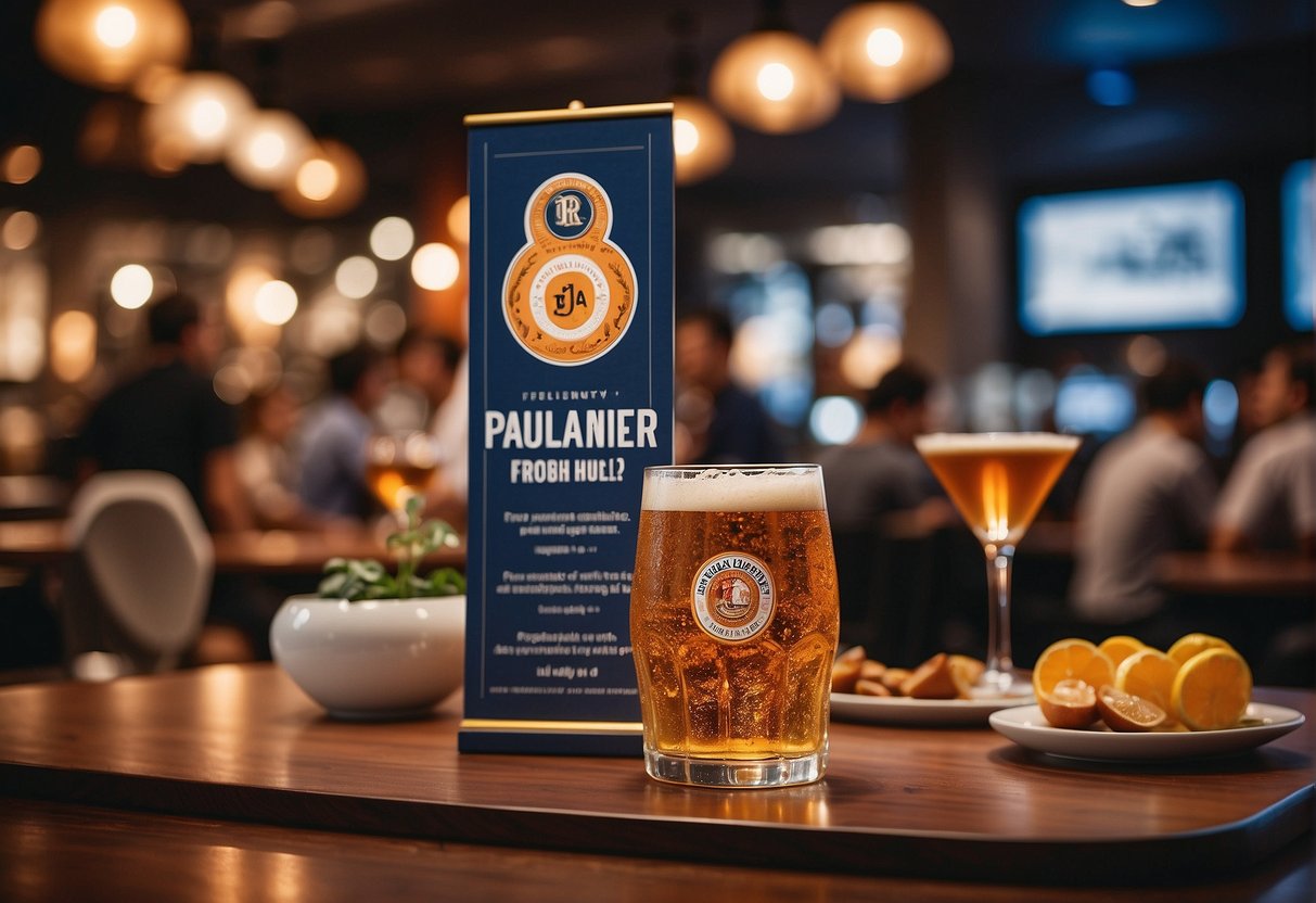 A crowded event space with a prominent "Frequently Asked Questions" sign, surrounded by promotional materials for Paulaner in Singapore
