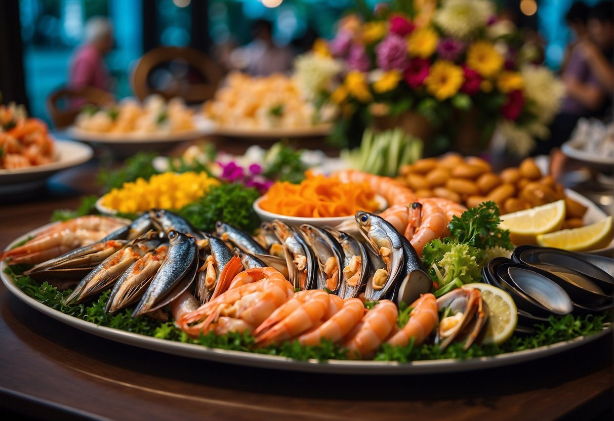 A colorful display of fresh seafood and vibrant decorations at a Sentosa dining promotion in Singapore. Tables are adorned with elaborate spreads and guests enjoy the lively atmosphere