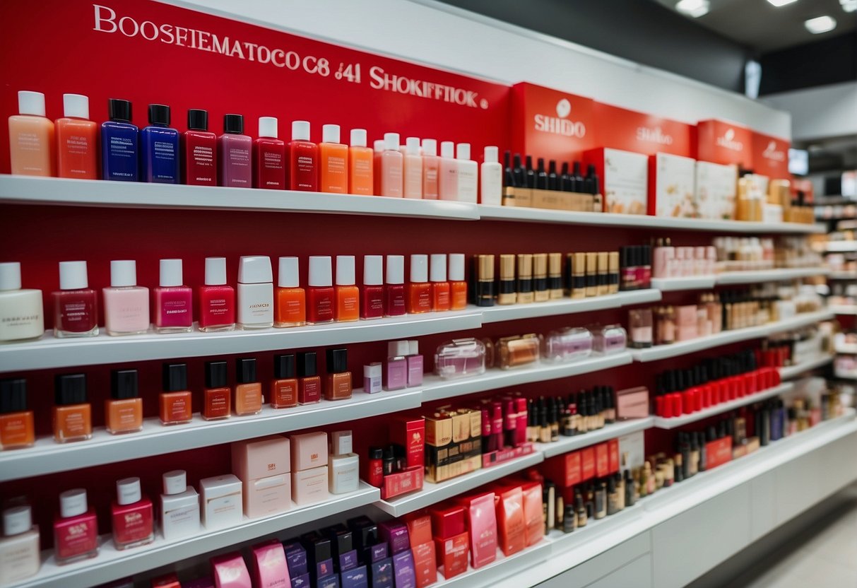 A vibrant display of Shiseido products in a bustling Singapore market, with colorful banners and enthusiastic customers