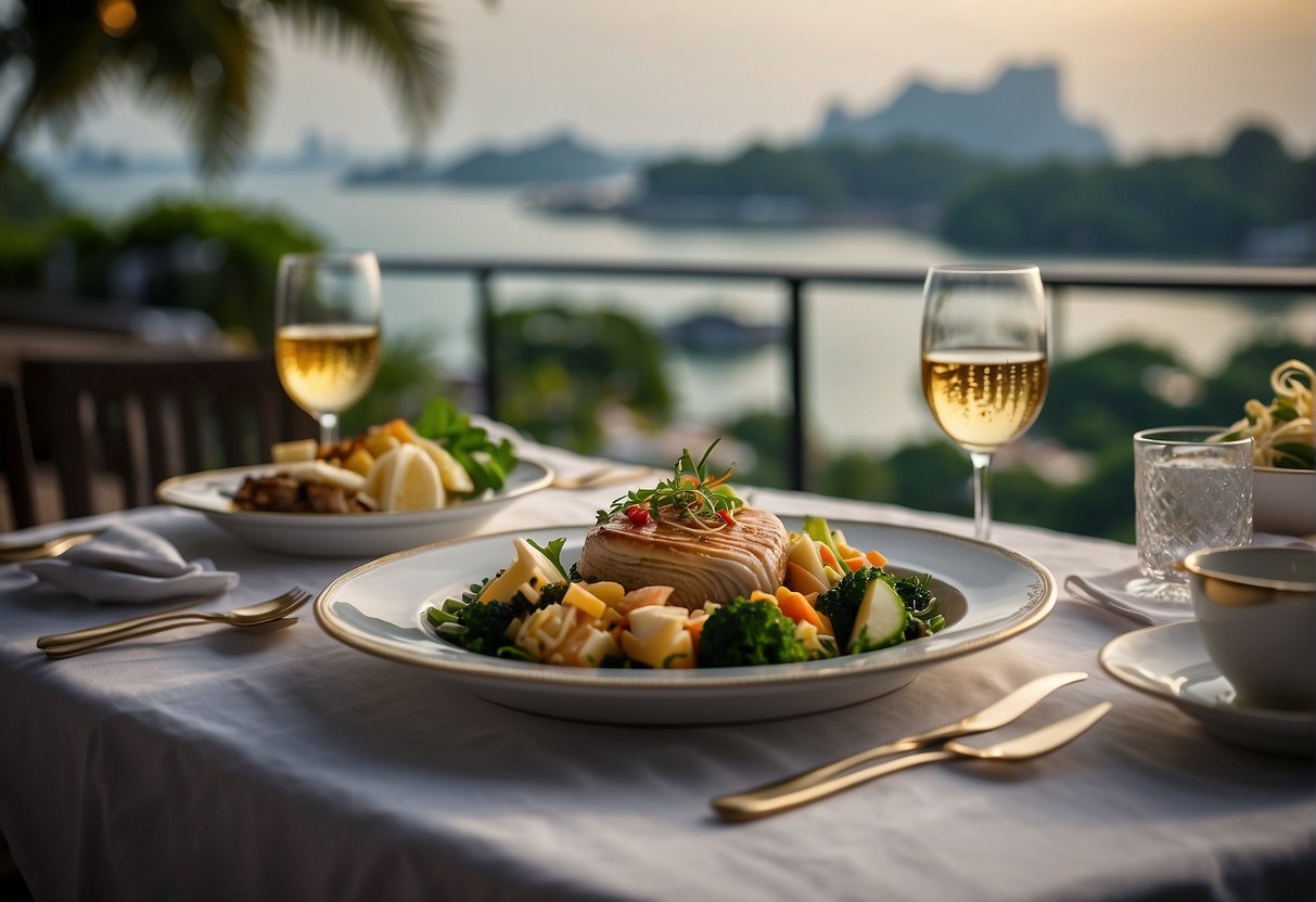 A luxurious dining setting with elegant tableware and exquisite cuisine, set against a backdrop of Sentosa's picturesque scenery and accompanied by exclusive dining promotions in Singapore