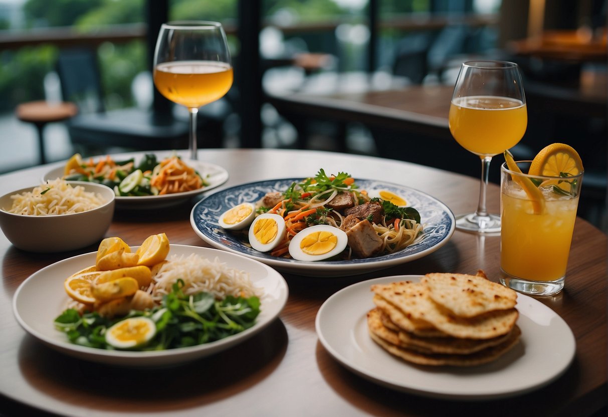 A table set with various dishes and drinks, with a sign displaying "Frequently Asked Questions Sentosa Dining Promotions Singapore."