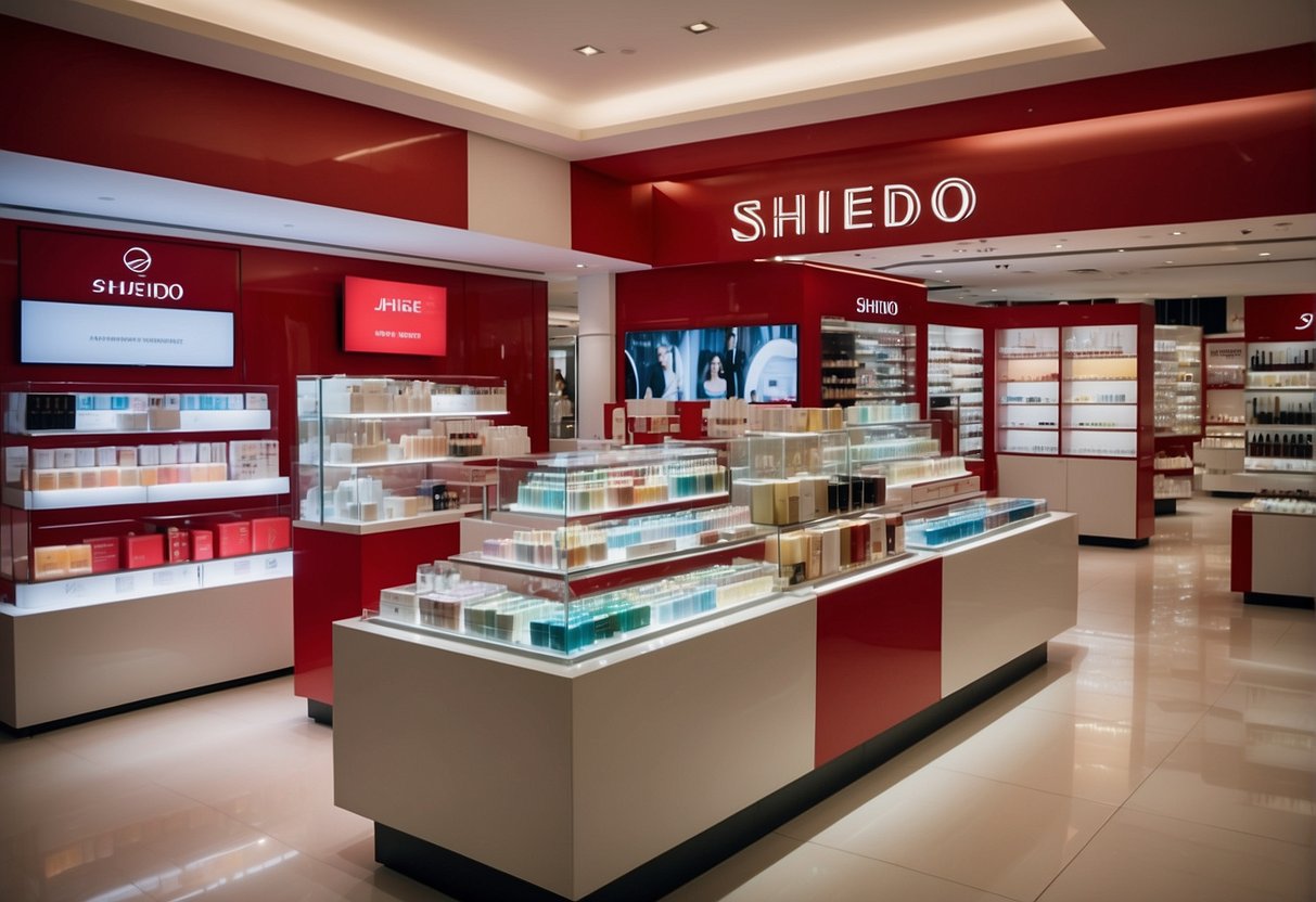 A vibrant display of Shiseido products with promotional signage and discounts at a bustling Singaporean retail store