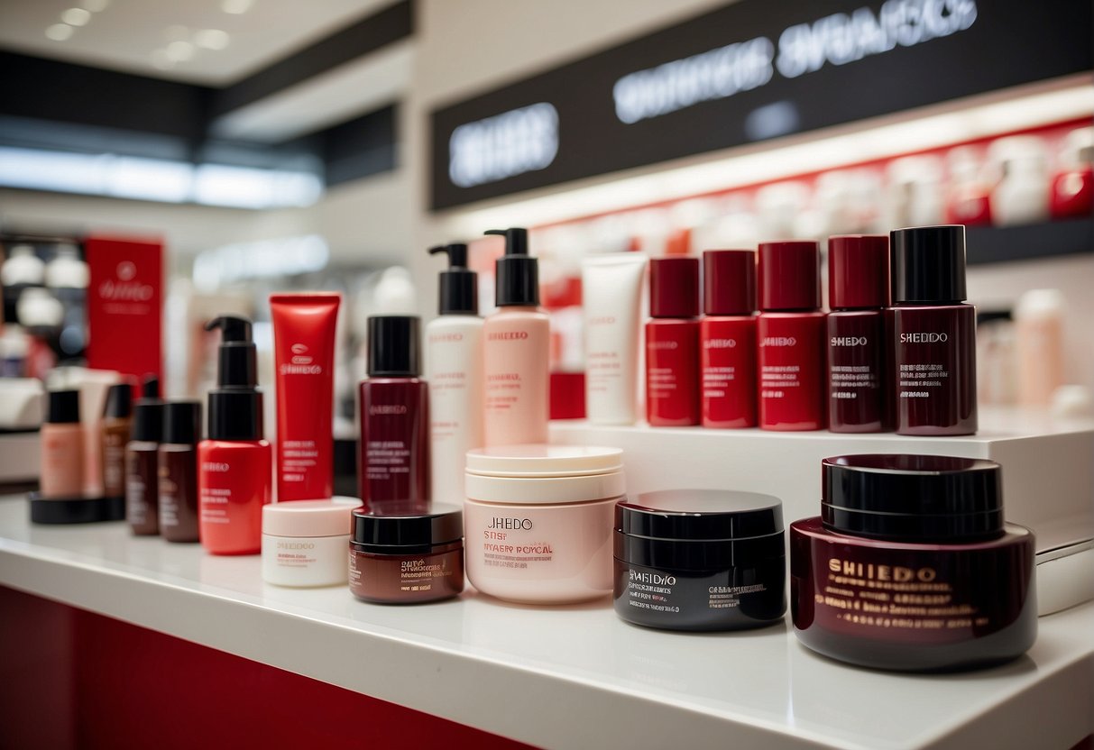 A table displaying Shiseido beauty products with promotional signage in a brightly lit Singaporean store
