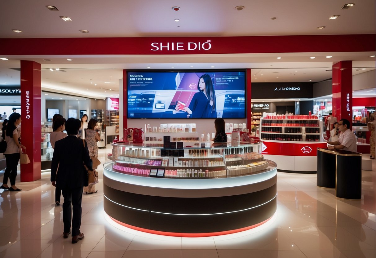 Shiseido promotion in Singapore: A vibrant display of products, with eye-catching signage and promotional materials, surrounded by excited and curious customers